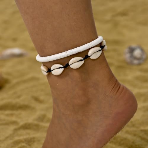 ATIMIGO Adjustable Nature Puka Shell Ankle Bracelet Cowrie Shell Anklet Handmade Boho Hawaiian Beach Surfer Seashell Braided Anklet Foot Jewelry for Women - color: black string cowire shell anklet & white anklet