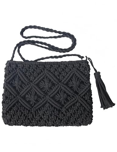 Cotton Crochet Crossbody Bag, Black Woven Purse, Boho Shoulder Bag, Summer Purse Lightweight Casual Handbag for Daily Use