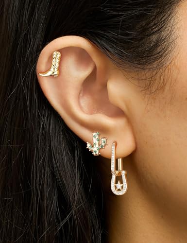 Mameloly Cowgirl Earrings for Women CZ 14K Gold Plated Western Cowboy Hat Dangle Hoop Earrings Cute Jewelry Hypoallergenic - color: Boot Stud