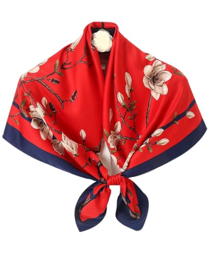 Hioyiwse Head Scarf For Women Hair Bandana 35" Large Square Satin Wrap Sleeping Neck Silk Satin Hair Scarves Lightweight - color: F23-white Flowers on Red Background(35*35inch）