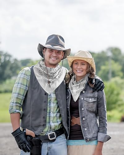 27.5 Inches Western Bandana Scarf With Leather Scarf Buckle, 100% Cotton Neck Scarf for Men Cowboy Scarves - color: White