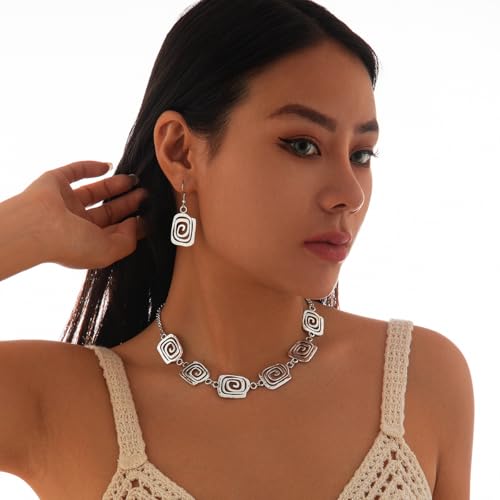 Gold Jewelry Set Chunky Gold Necklace Earring Set for Women Boho Oval Acrylic Earring Necklace Western Adjustable Choker Necklaces Bohemian Jewelry Set For Women - color: Silver Rose