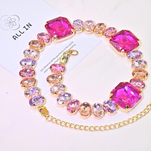 Fashionable Chunky Plated Tennis Rhinestone Statement Necklace Jewelry Set for Women Multicolor gem necklace with Great Sparkle and Shine Design for Women to Easy Match - color: fuchsia red big rhinestone