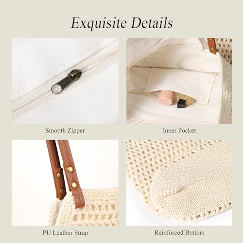 Sightor Crochet Beach Bag, Woven Tote Bag Summer Boho Bag Travel Casual Shoulder Bag for Summer Vacation - color: Beige