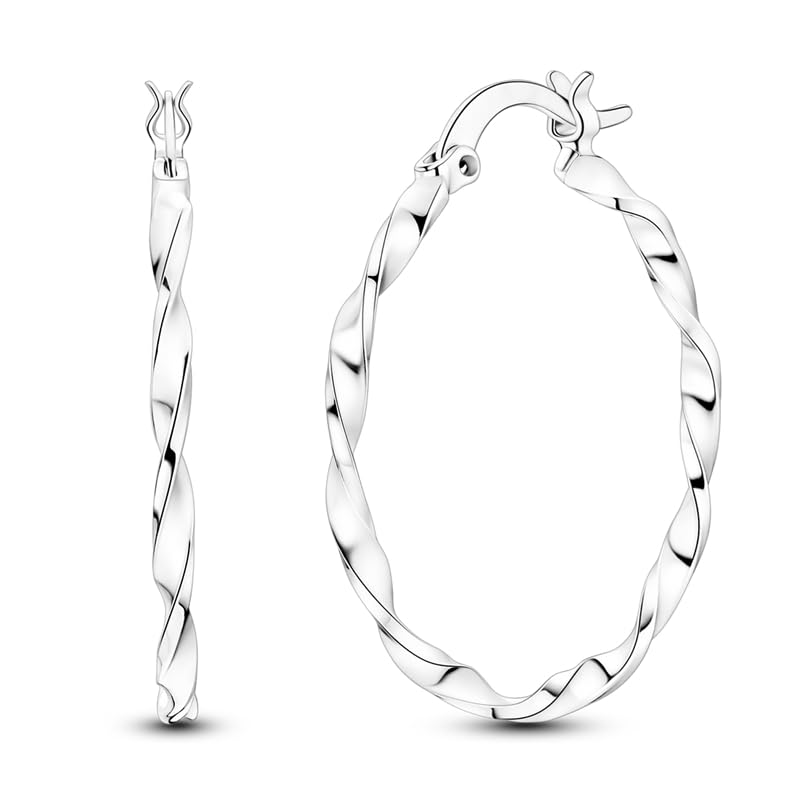 Parmuz 925 Sterling Silver Earrings Hoops for Women Ladies Simple Lightweight Twisted Medium Hoop Earrings With Cubic Zirconia Hypoallergenic Jewelry for Her - color: grey