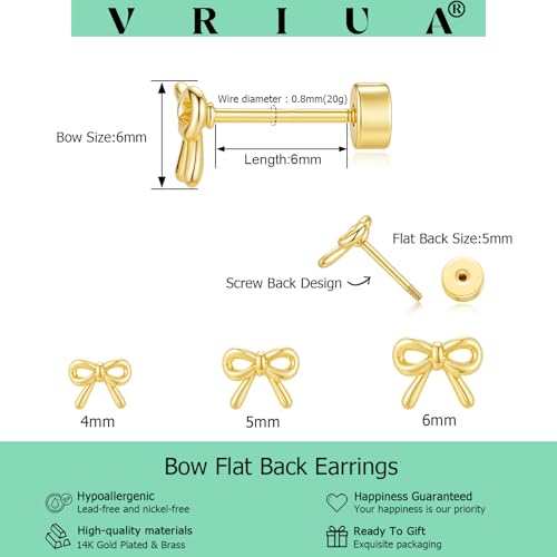 VRIUA 20G Tiny Flat Back Earrings for Women - 14K Gold/Silver Plated Small Flat Back Stud Earrings Hypoallergenic Cartilage Helix Piercing Jewelry - color: 4/5/6mm-Bow Flat Gold