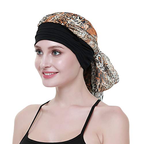 Chemo Headwear Turbans for Women Long Hair Head Scarf Headwraps Cancer Hats - color: Black Floral