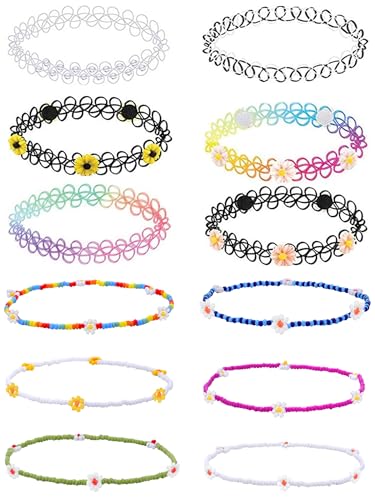 BodyJ4You 12PC Tattoo Choker Necklace for Women - 90s Choker Necklaces Y2K Fashion Trendy Vintage - Emo Black Choker Rainbow Pink White Purple Neon Green Blue Daisy Flower - color: Black, Rainbow, Blue