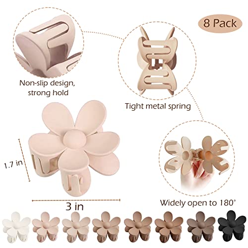 Flower Hair Clips 8PCS, Large Claw Clips for Women Girls Thick Thin Hair, Strong Hold Non slip Big Matte Dasiy Jaw Clamps Hair Accessories 8 Colors - color: Neutral:Coffee,Mocha,Khaki,Black,White,Beige,Brown,Dark coffee