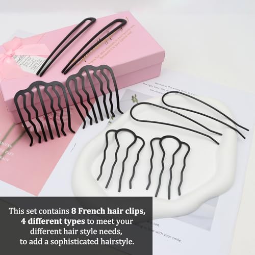 French Hair Pin, 8 PCS Black Hair Pins for Women Metal Hair Side Combs, French Pins Hair, U Shaped Hair Pins for Buns Updos, French Pins Hair Stick Pin Hair Combs for Styling Hairpin Hair Accessories - color: Black-1