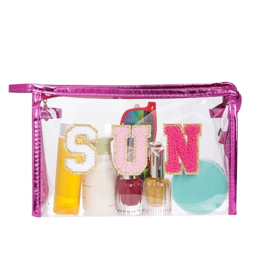 Preppy Patch Makeup Bag, Sun Chenille Letter Bag for Beach, Pouch with Zipper, Travel Bags Clear Cosmetic Toiletry Bag for Women Girls Teens (Rose Red) - color: Rose Red