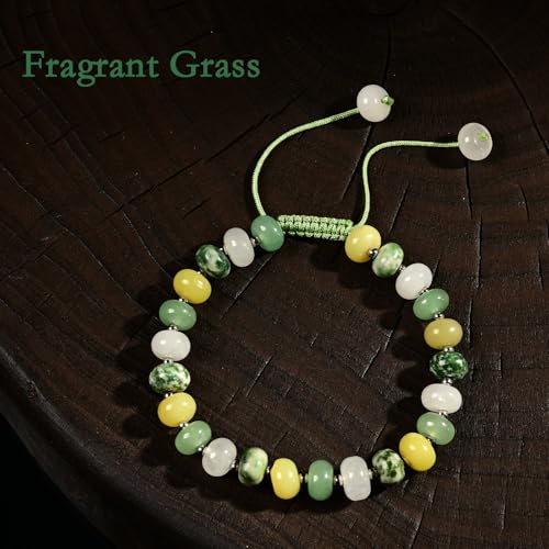 468Handmade Adjustable Natural Gemstone Crystal Bracelet Healing Power Energy Inspirational Gifts with Card for Unisex - color: 20-Fragrant Grass (Revere Nature), size: 5x8mm