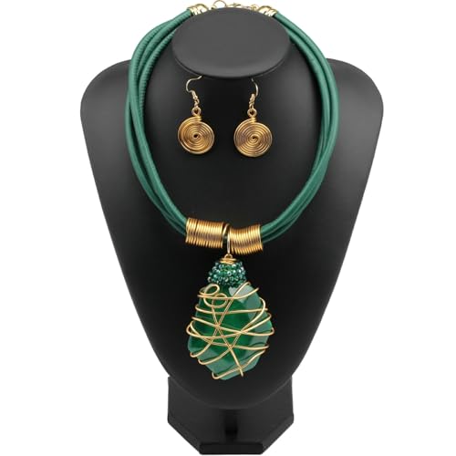 Ethnic Crystal Rhinestone Pendant Necklace Earrings Set Women Handmade Tribal Collar Choker Chunky Metal Bib Rope Chain African Statement Jewelry Set - color: N1505-green