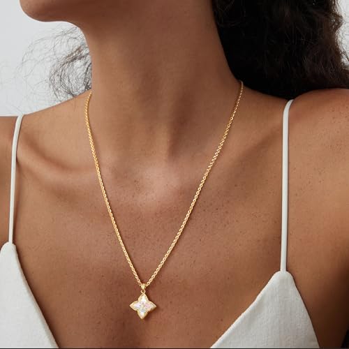 Fettero Gold Clover Necklace for Women Dainty 14K Gold Plated CZ Pendant Necklace Adjustable Chain Choker Charm Colorful Clover Pendant Lucky Necklaces for Women Jewelry - color: White - Mohter of Pearl
