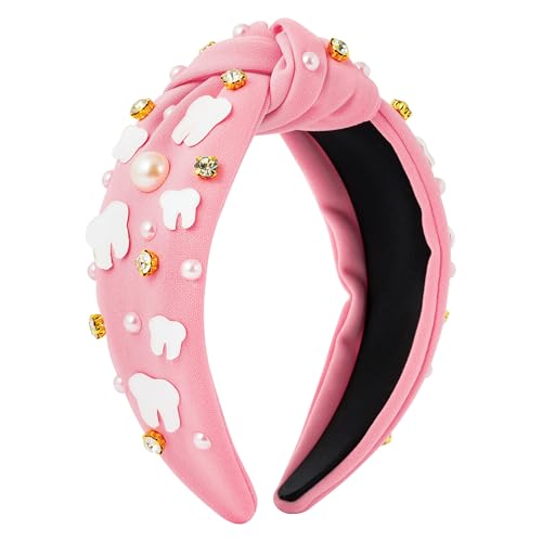 PANTIDE Dentist Jeweled Knotted Headband - Dental Hygienist Assistant Gift Teeth Rhinestone Embellished Headband Non Slip Wide Top Knot Hairband Hair Accessories Birthday Gift for Women Girls (Pink) - color: Pink Dentist