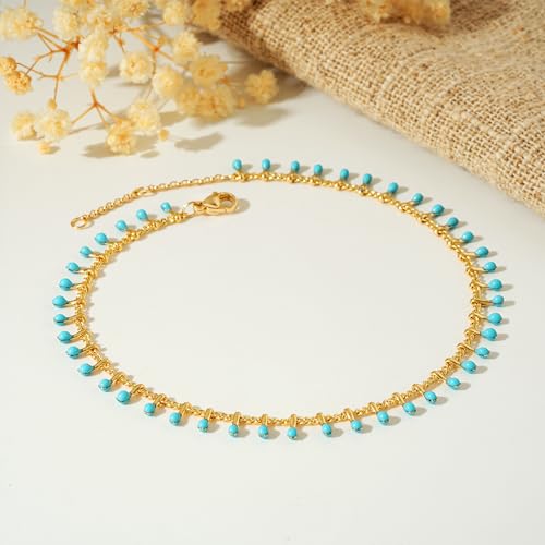 MTMY Gold Anklets for Women 14K Gold Plated Tiny Bead Anklet Colorful Tassel Foot Chain Dainty Adjustable Cute Summer Beach Boho Anklets Jewelry Gift - style: lake blue