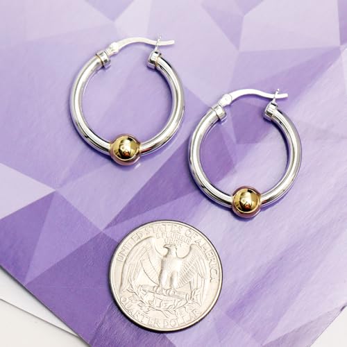 LeCalla 925 Sterling Silver Beaded Ball Hoop Earrings | Lightweight Sleeper Bead Ball Earring Hoops | Cape Style Hoop Earrings for Women - color: Thick Tube Two Tone
