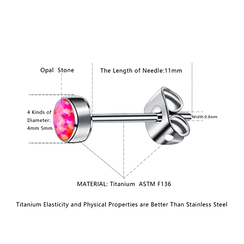 G23 Titanium Opal Stud Earrings for Women Girls Hypoallergenic Earring with 4mm 5mm Birthstone for Sensitive Ear Fashion Women's Jewelry(2pcs) - color: Hot Pink, size: 5mm