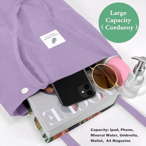 Corduroy Tote Bag for Women Small Canvas Shoulder Purse Cord Handy Bag with Inner Pocket | with Front Pocket - color: 02 Purple