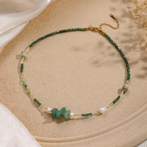 Turquoise Choker Necklace for Women, Western Crystal Bead & Pearl Necklace with Adjustable Chain Natural Stone Energy Jewelry, Boho Beaded Choker for Gifts - color: Green Aventurine