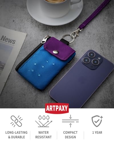 Artpaxy Minimalist Wallet For Mens Womens, Keychain RFID Blocking Zipper Small Wallet with ID Window 2 Lanyards,Water Resistant Travel Cash Card Coin Case Boys Girls - color: Sky blue+Purple, style: Casual