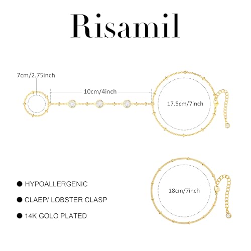 Risamil 14K Gold Plated Hand Chain Bracelets for Women Trendy, Dainty 2PCS Ring Bracelet Hand Chain Finger Bracelets Layered Stackable Link Bracelets for Women Jewelry Gifts for Women - color: BRCZ -03