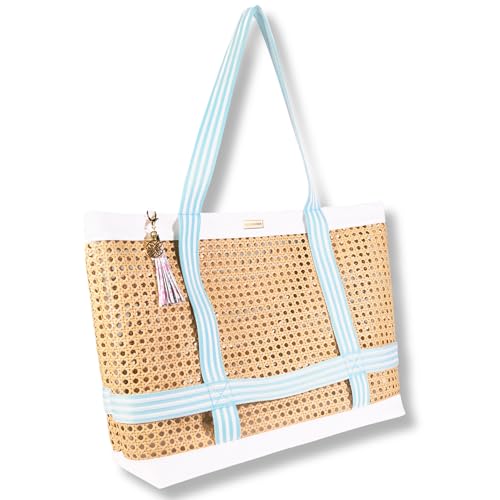 Lilly Pulitzer Travel Tote Bag with Hat Holder Strap, Caning Beach Bag with Tassel Keychain - color: Beachside Haven
