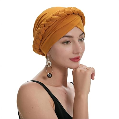 ZLYC Chemo Headwear for Women Pre Tied Turban Headwear Lightweight Beanie Hat - color: Braid Yellow