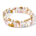 Tila Flat Square Stack Beaded Bracelets Set for Women Men, Boho 3Pcs Romantic Handmade Healing Gold Colorful Stretch Accessories Jewelry, Daily Vacation Party Holiday Friendship Gift - color: Light Pink
