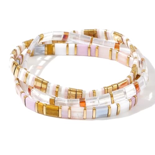 Tila Flat Square Stack Beaded Bracelets Set for Women Men, Boho 3Pcs Romantic Handmade Healing Gold Colorful Stretch Accessories Jewelry, Daily Vacation Party Holiday Friendship Gift - color: Light Pink