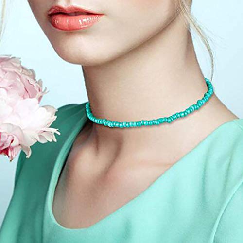 Tgirls Boho Choker Necklace Chain Rice Beaded Necklaces Seed Bead Necklace Accessory for Women - color: turquoise