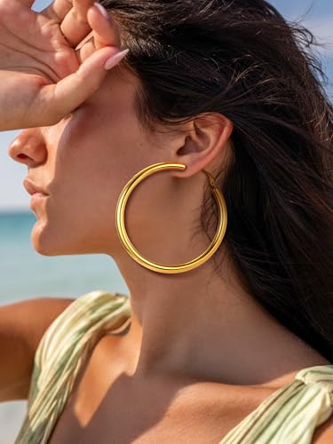 Stainless Steel Chunky Hoop Earrings For Women, Minimalist and Chic, Black/Gold Plated, Round Hoops Earrings Hypoallergenic, Size: 30mm/40mm/60mm/80mm, Come with Box - color: 1. Gold, size: 70MM