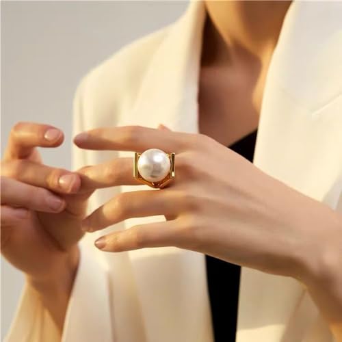 OIDIMS Exaggerated Pearl Statement Band Ring Stainless Steel Y Shaped Unique Style Big Rings Personalized Finger Comfort Fit Jewelry for Women Fashion Gift Birthday Xmas - size: 7
