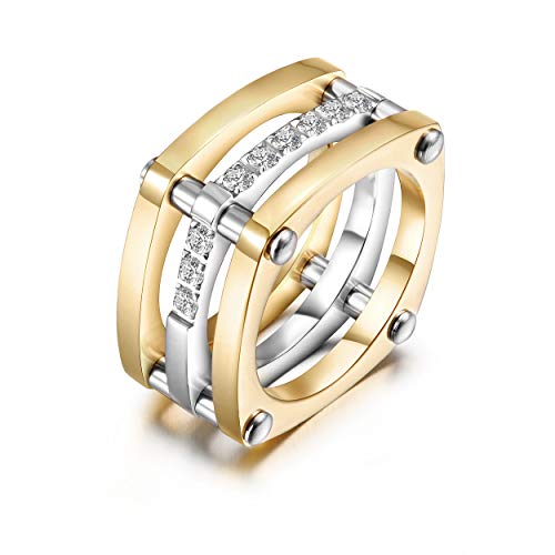 CIUNOFOR Square Chunky Cocktail Ring for Women, Gold Plated Stainless Steel CZ Statement Ring, Bold Wide Style, Sizes 6–11