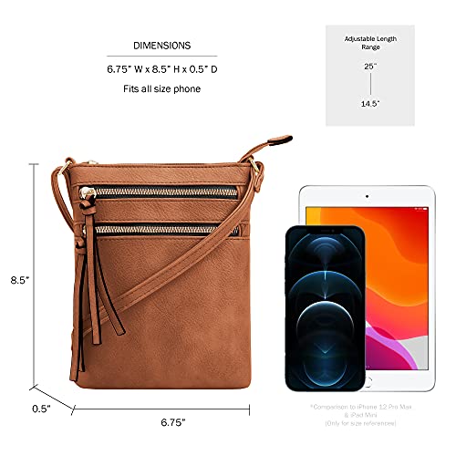 DELUXITY Crossbody Purse Bag Shoulder Bag Multi Pocket Zipper Purse - color: Cognac