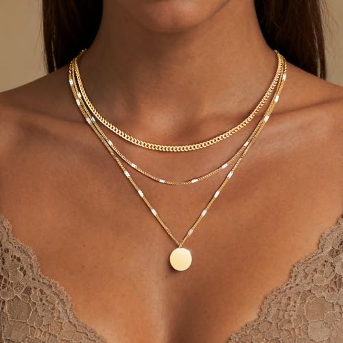 WomenGifts Layered Gold Necklaces for Women, 14K Gold Sterling Silver Plated Dainty Pendant Necklace Set Non Tarnish, Chunky Stackable Cuban Chain Choker, Trendy Birthstone Vacation Jewelry Gift - color: Gold, style: Mirror Coin
