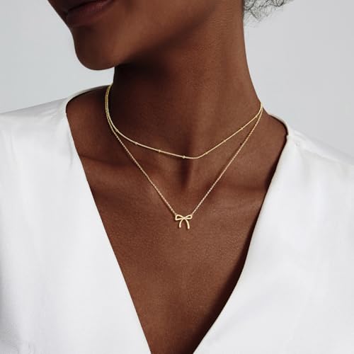 OGD Gold Necklace for Women, Bow Necklace 14K Layered Gold Necklace Dainty Bow Pendant Choker Necklace Trendy Bow Necklace Gold Chain Necklaces for Women Jewelry Gift - color: Gold Bow-2PCS