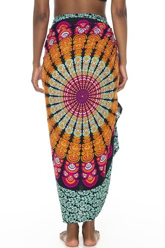 SHU-SHI Sarong Wraps for Women Long Beach Cover ups Pareo Bathing Suit Wrap Skirt Mandala Sarongs Coverup - color: Black/Tosca/Orange