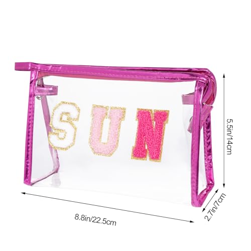 Preppy Patch Makeup Bag, Sun Chenille Letter Bag for Beach, Pouch with Zipper, Travel Bags Clear Cosmetic Toiletry Bag for Women Girls Teens (Rose Red) - color: Rose Red