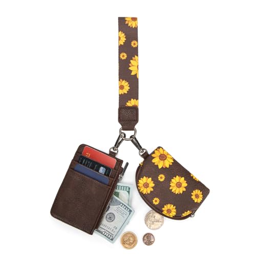 Wrangler KeyChain Wristlet Wallets for Women Sunflower Floral Dual Pouch Wristlet Western Credit Card Holder Wallet with Zipper Pocket - color: Sunflower Coffee
