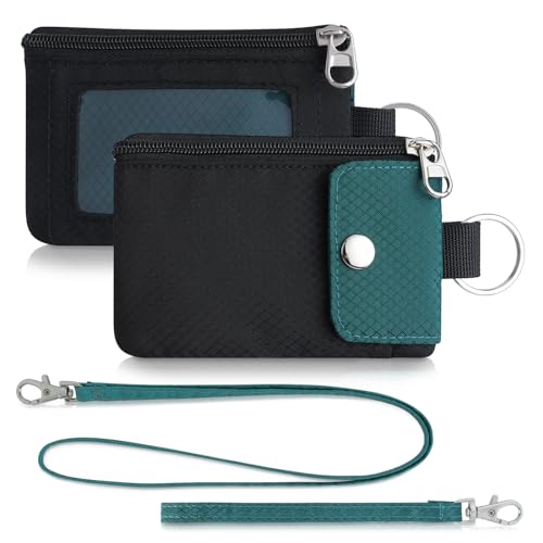 Artpaxy Minimalist Wallet For Mens Womens, Keychain RFID Blocking Zipper Small Wallet with ID Window 2 Lanyards,Water Resistant Travel Cash Card Coin Case Boys Girls - color: Green Black, style: Casual