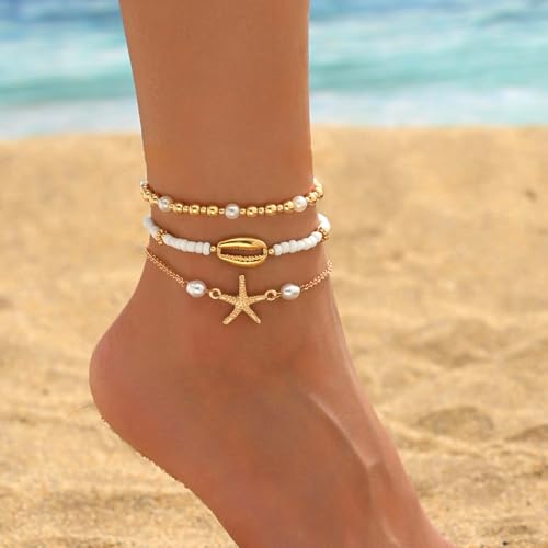 Ankle Bracelets for Women Waterproof Beach Jewelry for Women Elastic Beaded Anklets Boho Seashell Pearl Starfish Anklets for Women Foot Jewelry - style: 5 - 3 layer starfish shell bead