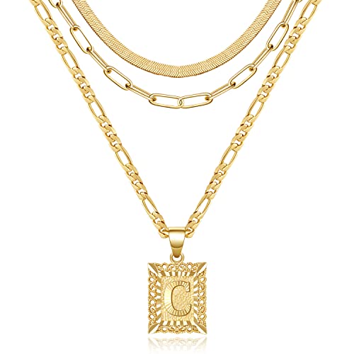 KissYan Gold Layered Necklace Set for Womens, 14K Gold Plated Initial Letter Pendant Necklaces Paperclip Snake Choker Alphabets from A-Z Figaro Chain Jewellery Gift - color: 3PCS, style: C