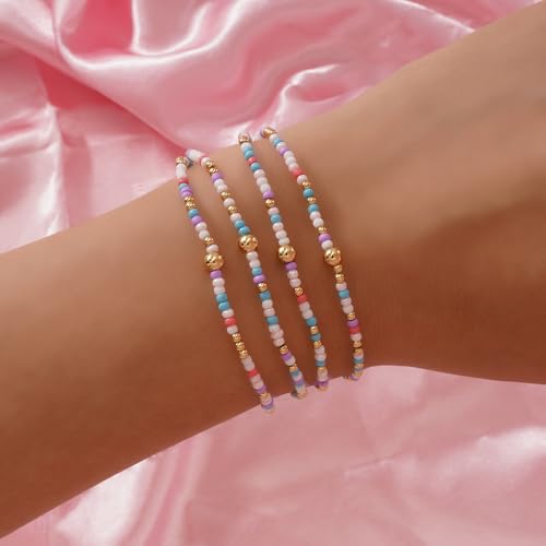 Boho 4Pcs Stack Colorful Small Seed Beaded Bracelets Set for Women, Cute Handmade Dainty Trendy Gold Plated Stretch Accessories Thin Glass Jewelry, Summer Daily Party Friendship Gift - color: Purple White