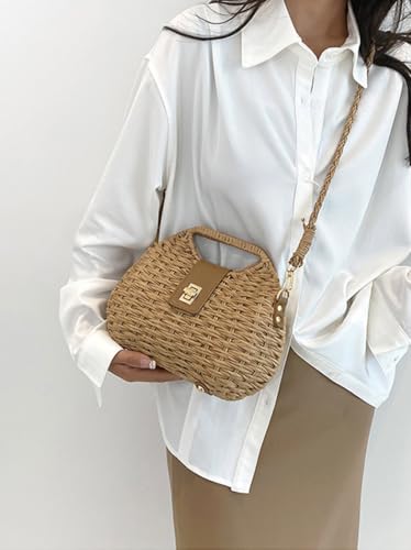 Handmade Straw Woven Bag Beach Clutch Purses Women Vacation Shell Shoulder Crossbody Summer Dumpling Handbag Basket Tote - color: A-khaki