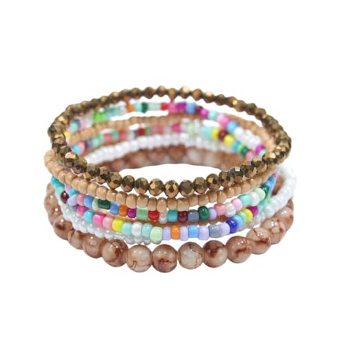 Boho Stackable Rice Beaded Bracelet Set for Women 8-10Pcs Colorful Handmade Multilayered Crystal Beads Bracelets Summer Beach Bohemian Jewelry Gift - color: B Light Brown