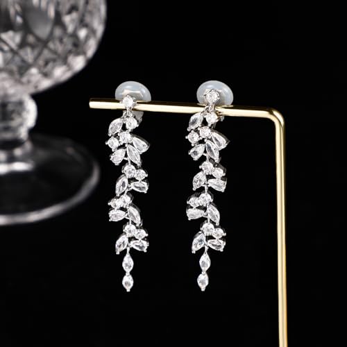 Awinesn Clip on Earrings for Women 925 Sterling Silver Plated Cubic Zirconia Long Tassel Dangle Drop Earrings Non Pierced Earrings for Women Jewelry Gifts Wedding Party - color: leaves 3