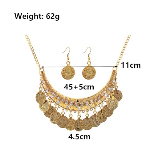 FUTIMELY Chunky Coin Necklace Earrings Set,Bohemia Plated Gold Coin Tassel Personalized Choker Earrings,Ethnic Gypsy Statement Jewelry Set for Women - color: Gold