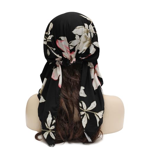 ZLYC Chemo Headwear Pre Tied Head Scarf Headwraps Lightweight Turban Beanie Cap for Women - color: Flower Leaves Black