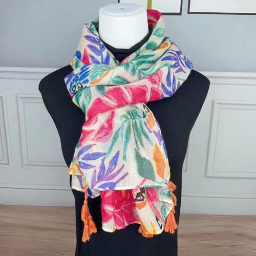 WaJuemy Travel Boho Scarf for Women Casual Lightweight Pashmina Scarves Fashion Multicolor Shawl Wraps with Fringed Beads - color: 05 Beige Floral